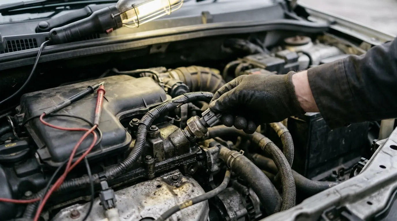 Connecteur de capteur moteur débranché, pointes de multimètre posées à côté