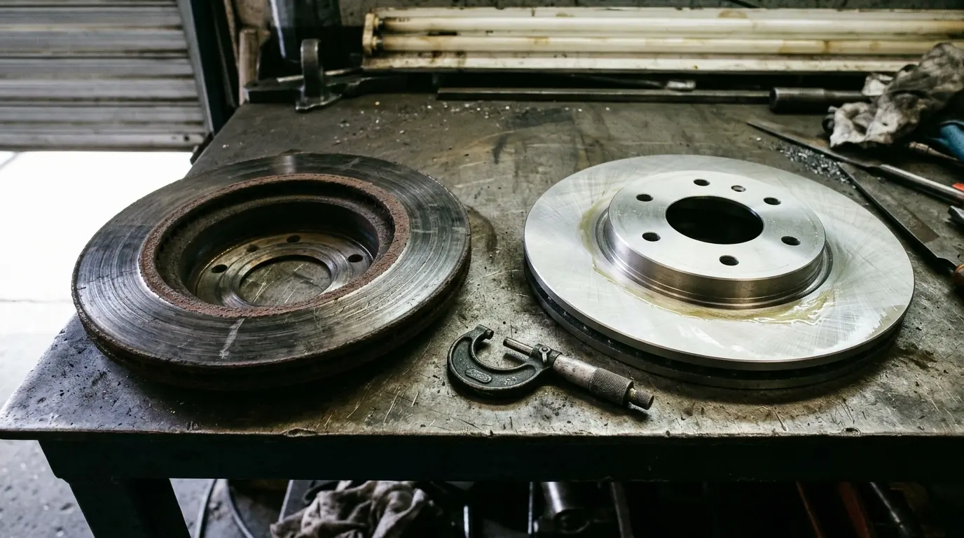 Disque de frein usé à côté d'un disque neuf et d'un micromètre sur un établi