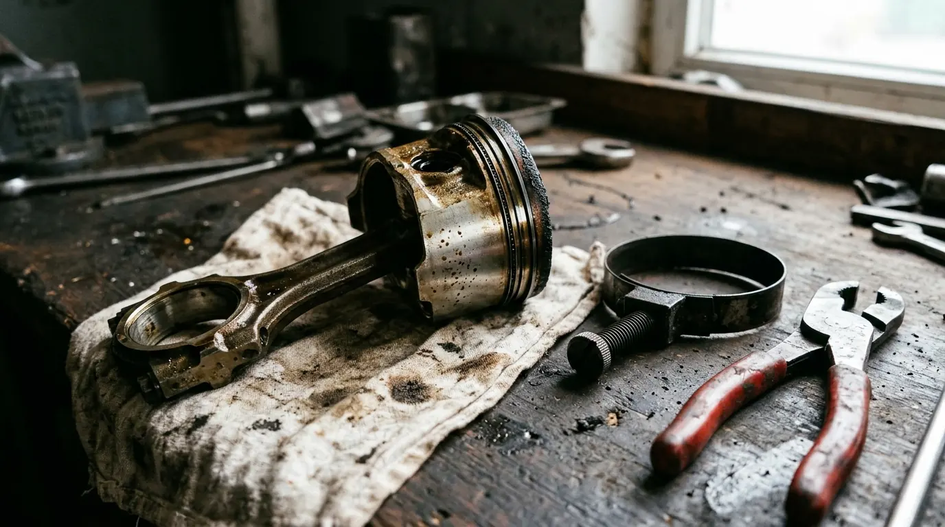 Piston et bielle calaminés sortis d'un moteur usé, à côté d'un collier à segments