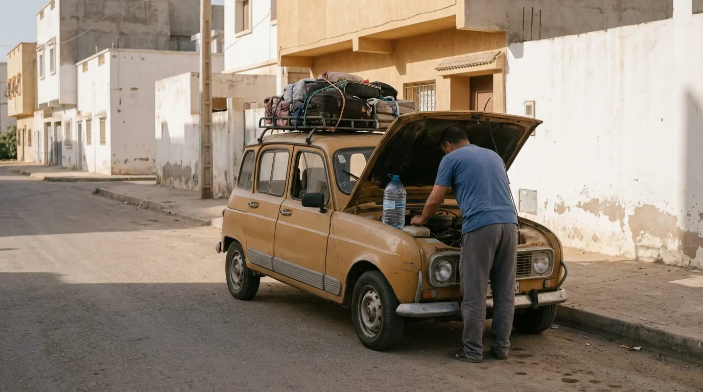 Conducteur vérifiant le moteur de sa voiture chargée avant un long trajet, dans une rue de Casablanca