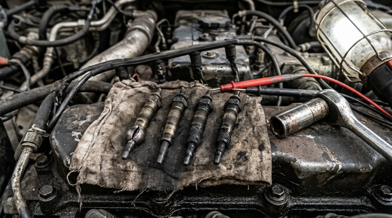 Bougies de préchauffage diesel usagées testées au multimètre sur le moteur