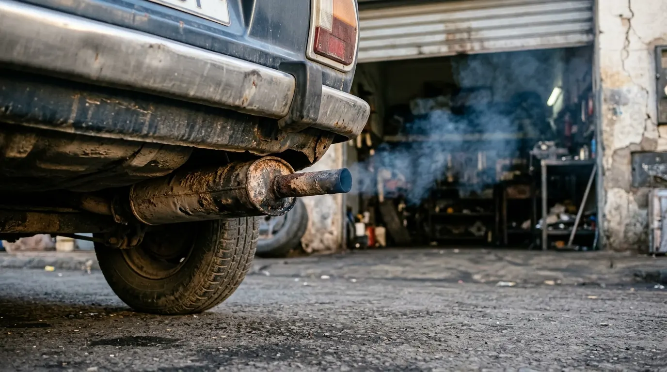 Fumée bleutée sortant du pot d'échappement d'une voiture devant un garage