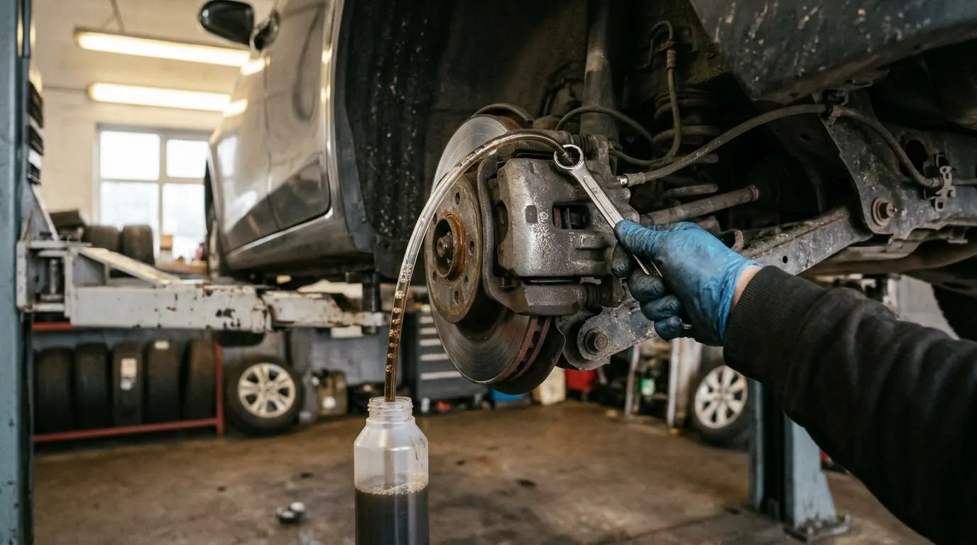 Purge du circuit de freinage, liquide usagé récupéré dans un flacon