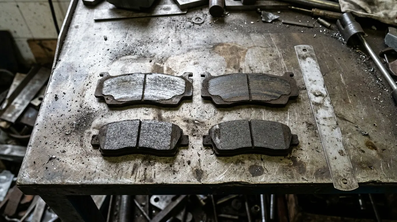 Plaquettes de frein avant et arrière usagées comparées sur un établi