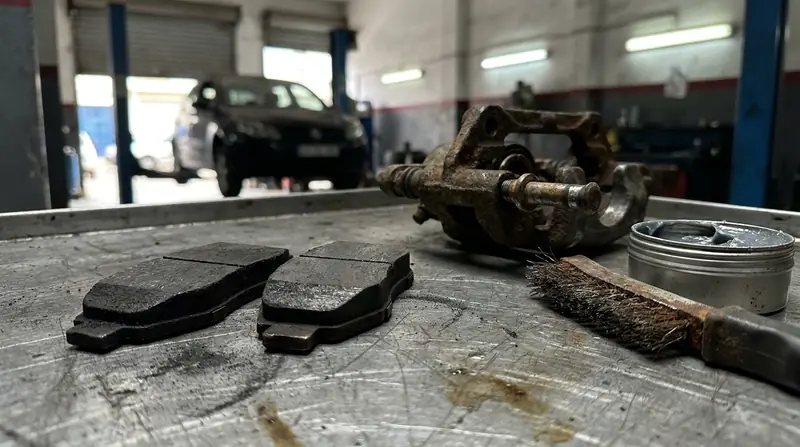 Plaquettes de frein usagées et support d'étrier grippé sur un établi d'atelier