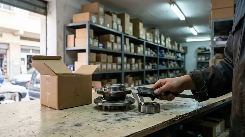 Moyeu et roulement de roue mesurés au pied à coulisse au comptoir d'un grossiste