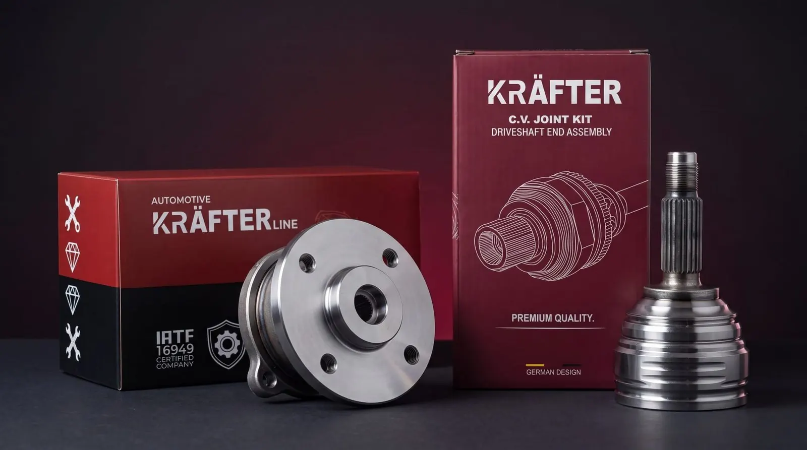 Cartons Kräfter bordeaux et noirs avec un moyeu de roue et une tête de cardan