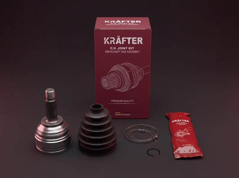 Kit tête de cardan Kräfter : joint, soufflet, colliers, circlip et sachet de graisse devant leur carton