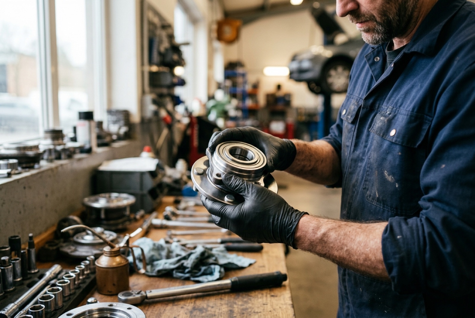 Mécanicien professionnel inspectant un roulement de roue neuf en atelier