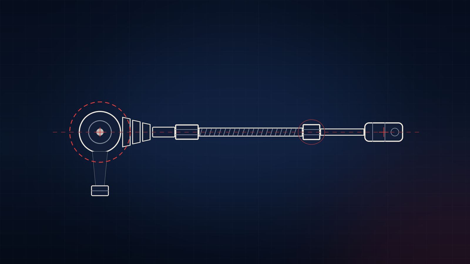 Dessin technique d'une biellette de direction complète — rotule, soufflet, tige filetée et contre-écrou — sur fond bleu nuit avec accents rouges — Konipa