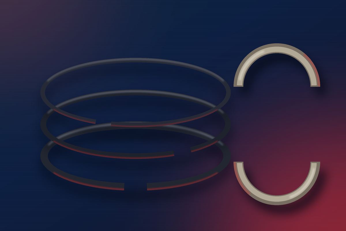 Jeu de segments de piston et paire de coussinets moteur sur fond navy dégradé aux reflets rouges — Konipa