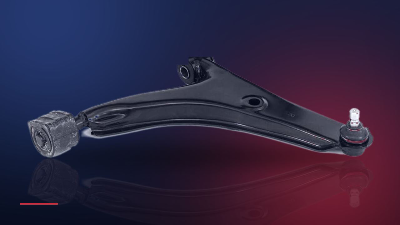 Triangle de suspension inférieur avec sa rotule et ses silentblocs sur fond navy dégradé aux reflets rouges — Konipa