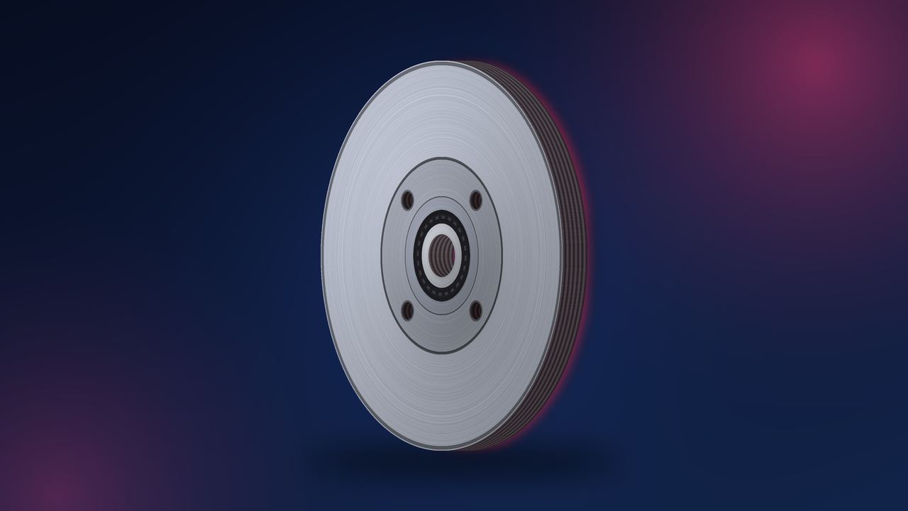 Disque de frein arrière avec roulement de roue intégré au centre, vue de trois quarts en studio sur fond bleu nuit dégradé avec reflets rouges, Konipa