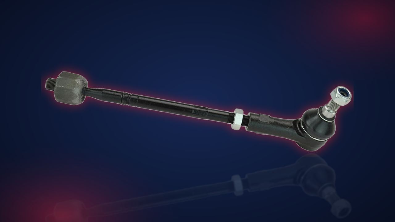Biellette de direction complète avec rotule axiale et embout, vue en diagonale en studio sur fond bleu nuit dégradé avec reflets rouges, Konipa
