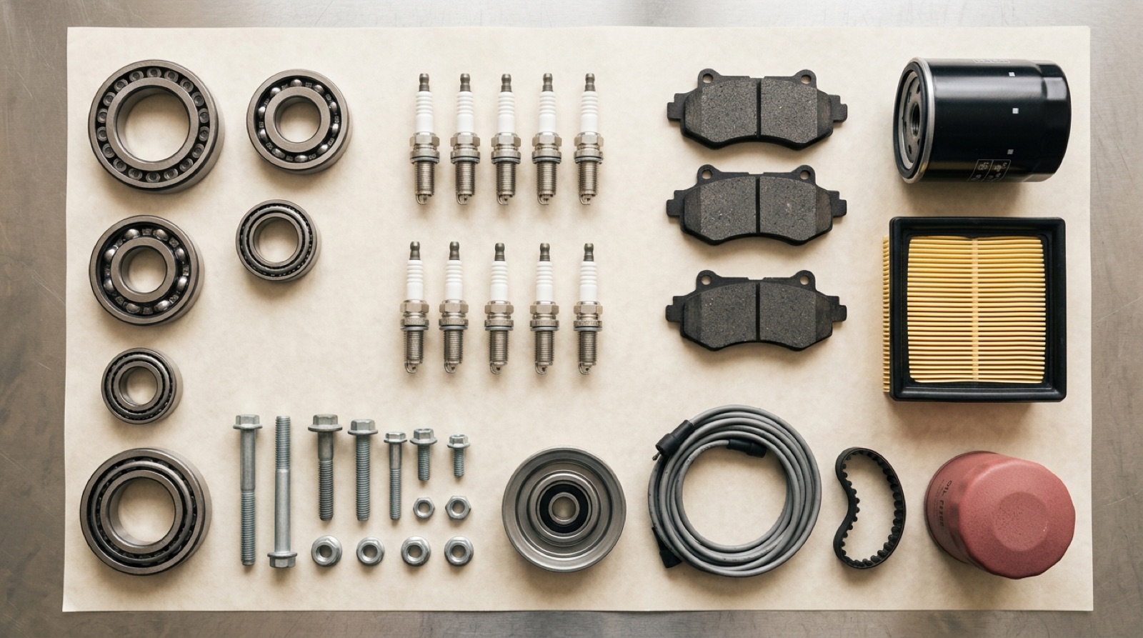 Sélection de pièces automobiles de haute qualité disposées à plat — gamme Konipa